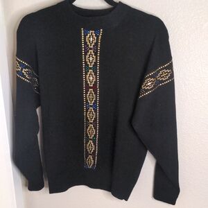 Vintage 80s Wayne St. John Black Sweater Gold Studs Rhinestones Glam SZ S